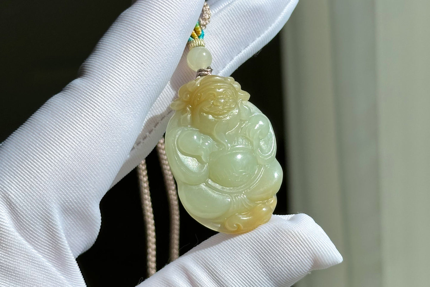 Certified Natural Qiemo Sugar-White Nephrite Jade Hand-Carved Caishen God of Wealth Pendant, 天然且末糖白天地糖手工雕刻财神吊坠