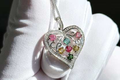 Natural Tourmaline S925 Sterling Silver Pendant, Tourmaline Pendant, Silver tourmaline pendant, Heart Shape Tourmaline Pendant, 天然碧玺纯银项链
