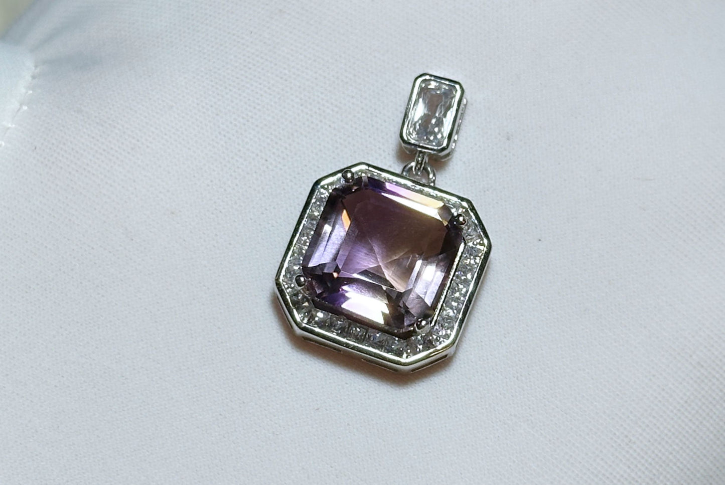 11x11-7carats, Certified Natural Ametrine Pendant, 925 Sterling Silver, Ametrine Asscher Cut Pendant, Untreated Ametrine Necklace, 天然紫黄晶吊坠
