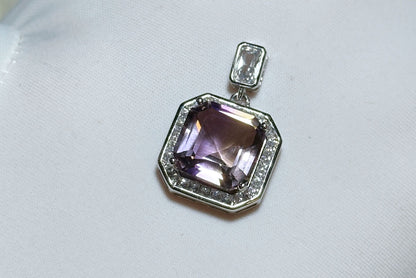 11x11-7carats, Certified Natural Ametrine Pendant, 925 Sterling Silver, Ametrine Asscher Cut Pendant, Untreated Ametrine Necklace, 天然紫黄晶吊坠