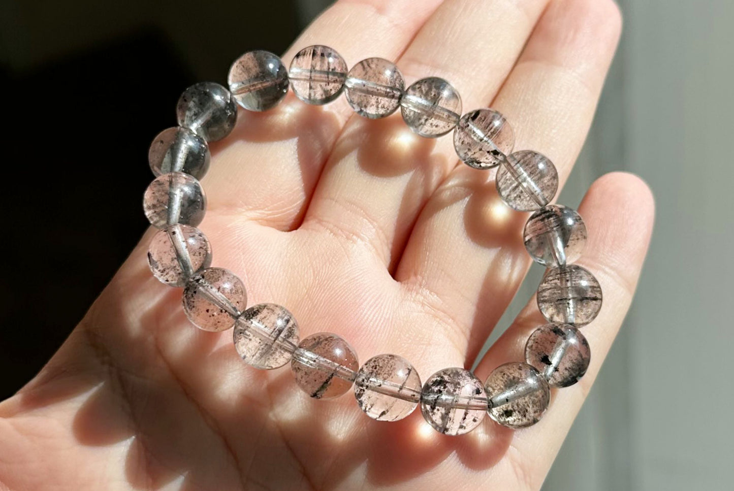 9.5mm+, Certified Natural Black Phantom Quartz Bracelet, Phantom quartz bracelet, 天然黑幽灵手串