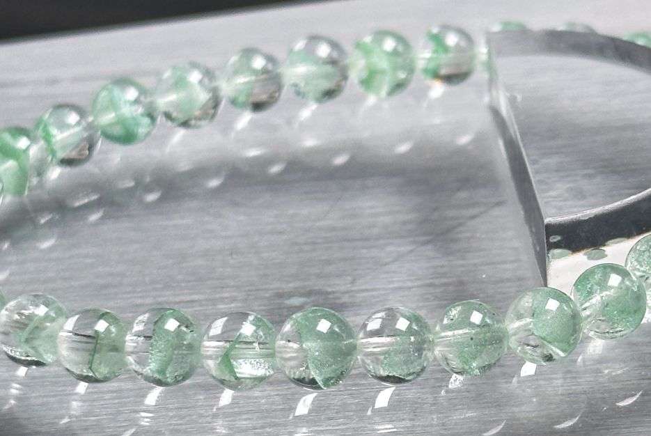 6.2mm+, Certified Natural Rare Emerald Green Phantom Bead Bracelet, Green Phantom Quartz Bracelet, 稀有天然翠幽灵手串