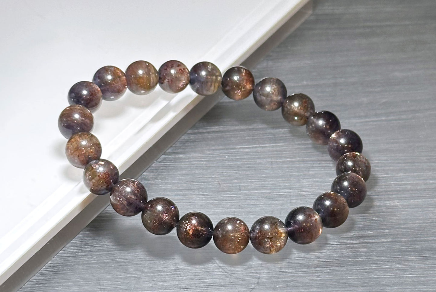 8.5mm+, Certified Natual Sunstone In Iolite Bracelet, "BLOODSHOT" IOLITE, Natural Cordierite Bracelet,  天然收藏级滴血堇青石金草莓堇青石手串