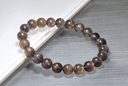 8.5mm+, Certified Natual Sunstone In Iolite Bracelet, "BLOODSHOT" IOLITE, Natural Cordierite Bracelet,  天然收藏级滴血堇青石金草莓堇青石手串