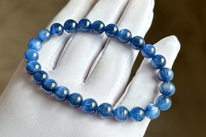 7.5mm+, Certified Undyed Top Grade Blue Kyanite Bracelet, Kyanite Bracelet, Full chatoyant Blue Kyanite, 天然无烤无染猫眼蓝晶石