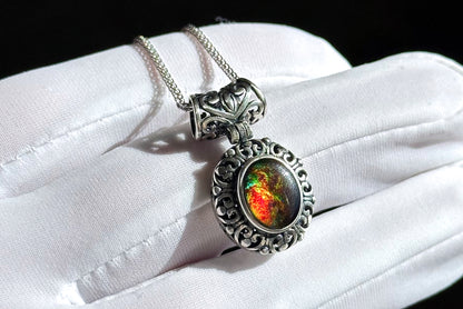 8x10, Natural High Grade Ammolite Stone Pendant Necklace, 925 Sterling Silver, Canada Natural Ammolite Pendant, 天然无拼接斑彩螺化石纯银吊坠