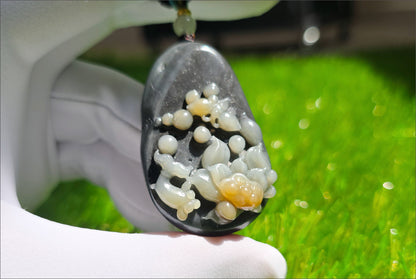 Certified Natural Loulan Tricolor Nephrite Jade Hand-Carved Lotus and Koi Fish Pendant, 天然楼兰三色和田玉手工雕刻莲花鱼吊坠
