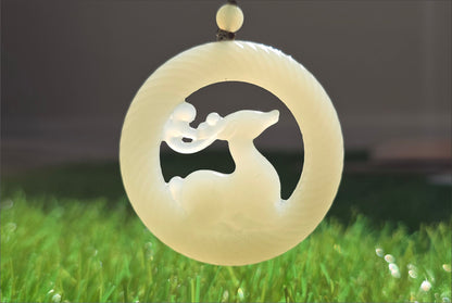 Certified Natural Qingshui Nephrite Jade Carved Deer Pendant, 天然白晴水和田玉雕刻梅花鹿圆牌吊坠