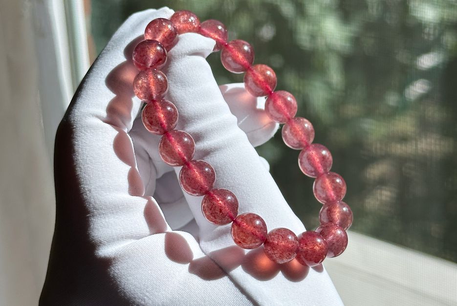9.5mm+, Certified Natural Strawberry Quartz bracelet, Collective grade pigeon blood strawberry quartz bracelet, 天然老矿星光鸽血红草莓晶手串
