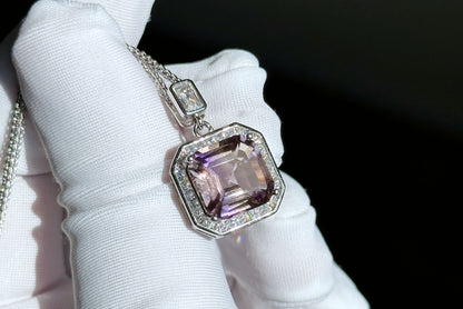 11x11-7carats, Certified Natural Ametrine Pendant, 925 Sterling Silver, Ametrine Asscher Cut Pendant, Untreated Ametrine Necklace, 天然紫黄晶吊坠