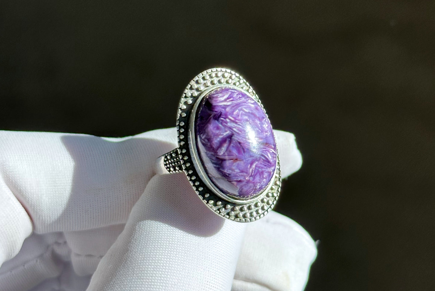 Natural Top Grade Charoite Silver Ring, Purple Charoite with best looking swirls patterns, Natural Charoite Ring, 天然收藏级俄罗斯紫龙晶纯银戒指