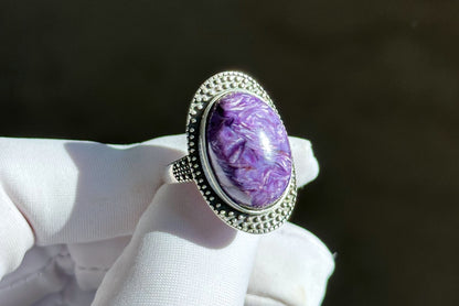 Natural Top Grade Charoite Silver Ring, Purple Charoite with best looking swirls patterns, Natural Charoite Ring, 天然收藏级俄罗斯紫龙晶纯银戒指
