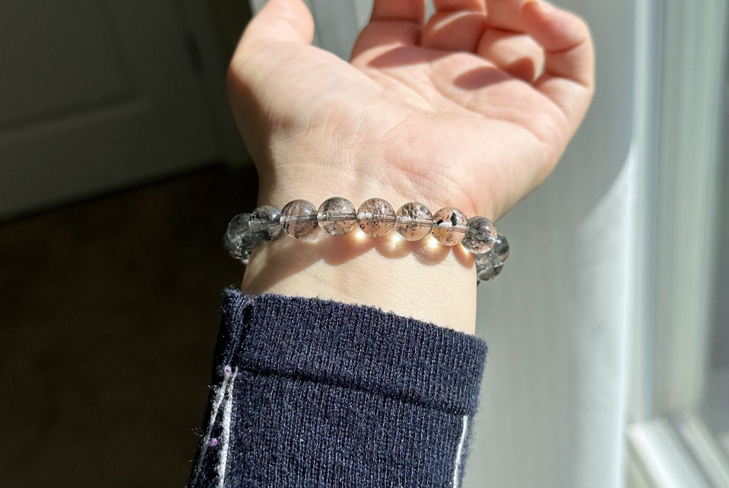 9.5mm+, Certified Natural Black Phantom Quartz Bracelet, Phantom quartz bracelet, 天然黑幽灵手串