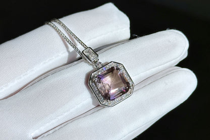 11x11-7carats, Certified Natural Ametrine Pendant, 925 Sterling Silver, Ametrine Asscher Cut Pendant, Untreated Ametrine Necklace, 天然紫黄晶吊坠