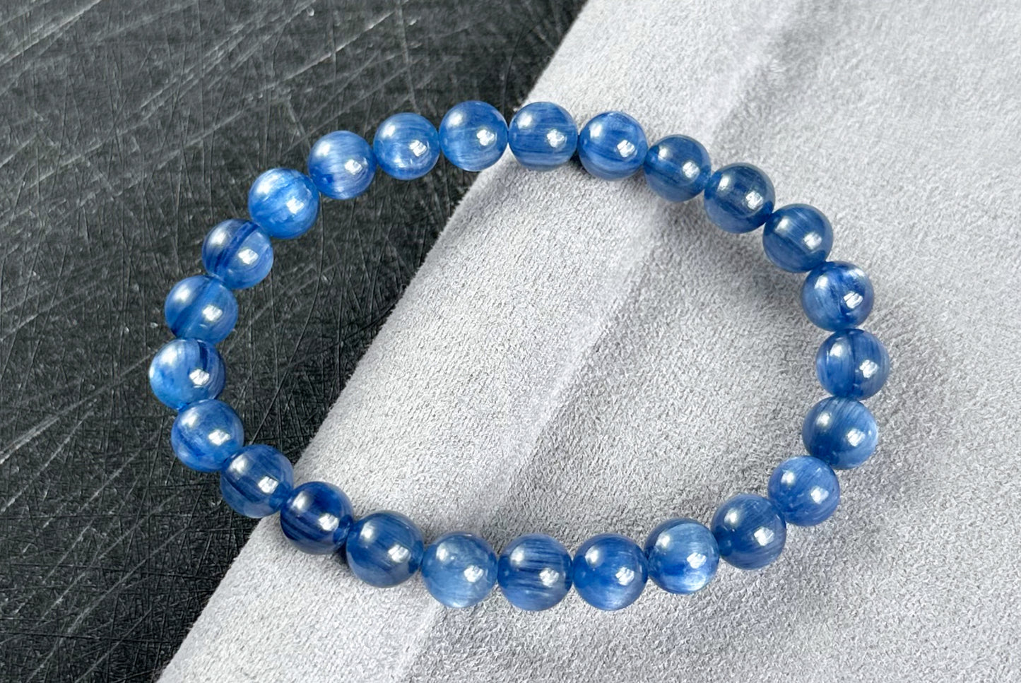 7.5mm+, Certified Undyed Top Grade Blue Kyanite Bracelet, Kyanite Bracelet, Full chatoyant Blue Kyanite, 天然无烤无染猫眼蓝晶石