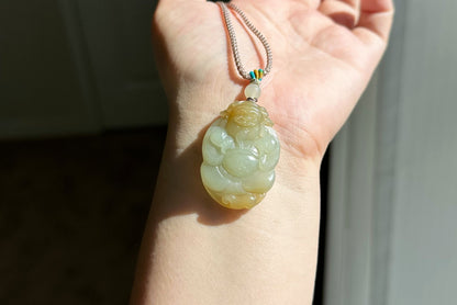 Certified Natural Qiemo Sugar-White Nephrite Jade Hand-Carved Caishen God of Wealth Pendant, 天然且末糖白天地糖手工雕刻财神吊坠