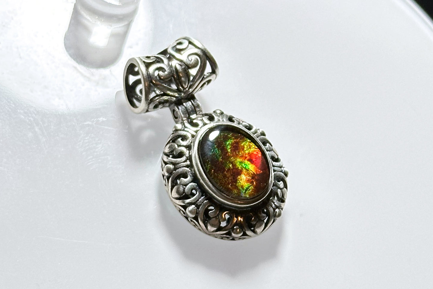 8x10, Natural High Grade Ammolite Stone Pendant Necklace, 925 Sterling Silver, Canada Natural Ammolite Pendant, 天然无拼接斑彩螺化石纯银吊坠
