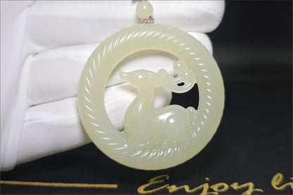 Certified Natural Qingshui Nephrite Jade Carved Deer Pendant, 天然白晴水和田玉雕刻梅花鹿圆牌吊坠