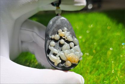 Certified Natural Loulan Tricolor Nephrite Jade Hand-Carved Lotus and Koi Fish Pendant, 天然楼兰三色和田玉手工雕刻莲花鱼吊坠