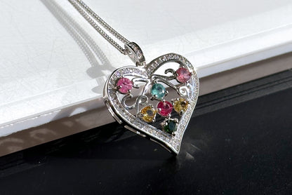 Natural Tourmaline S925 Sterling Silver Pendant, Tourmaline Pendant, Silver tourmaline pendant, Heart Shape Tourmaline Pendant, 天然碧玺纯银项链