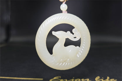 Certified Natural Qingshui Nephrite Jade Carved Deer Pendant, 天然白晴水和田玉雕刻梅花鹿圆牌吊坠