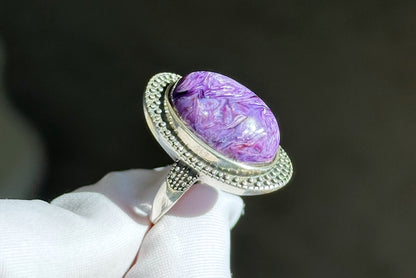 Natural Top Grade Charoite Silver Ring, Purple Charoite with best looking swirls patterns, Natural Charoite Ring, 天然收藏级俄罗斯紫龙晶纯银戒指