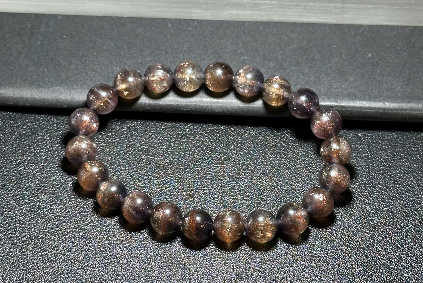 8.5mm+, Certified Natual Sunstone In Iolite Bracelet, "BLOODSHOT" IOLITE, Natural Cordierite Bracelet,  天然收藏级滴血堇青石金草莓堇青石手串