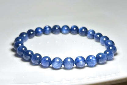 7.5mm+, Certified Undyed Top Grade Blue Kyanite Bracelet, Kyanite Bracelet, Full chatoyant Blue Kyanite, 天然无烤无染猫眼蓝晶石