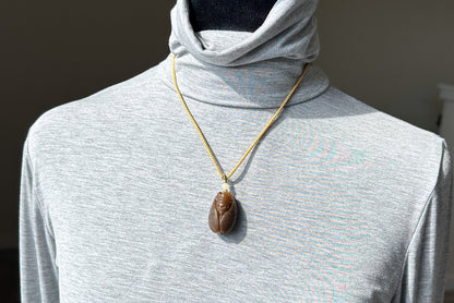 Certified Natural Full Brown Sugar Nephrite Jade Hand-Carved Cicada Pendant, 天然且末糖手工雕刻一鸣惊人(蝉)吊坠