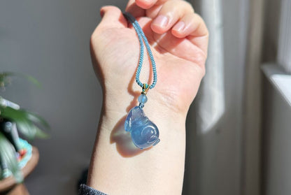 Certified Natural Blue Aquamarine Hand Carved Bunny Pendant, Aquamarine Rabbit Pendant, 天然魔鬼蓝海蓝宝兔宝宝吊坠