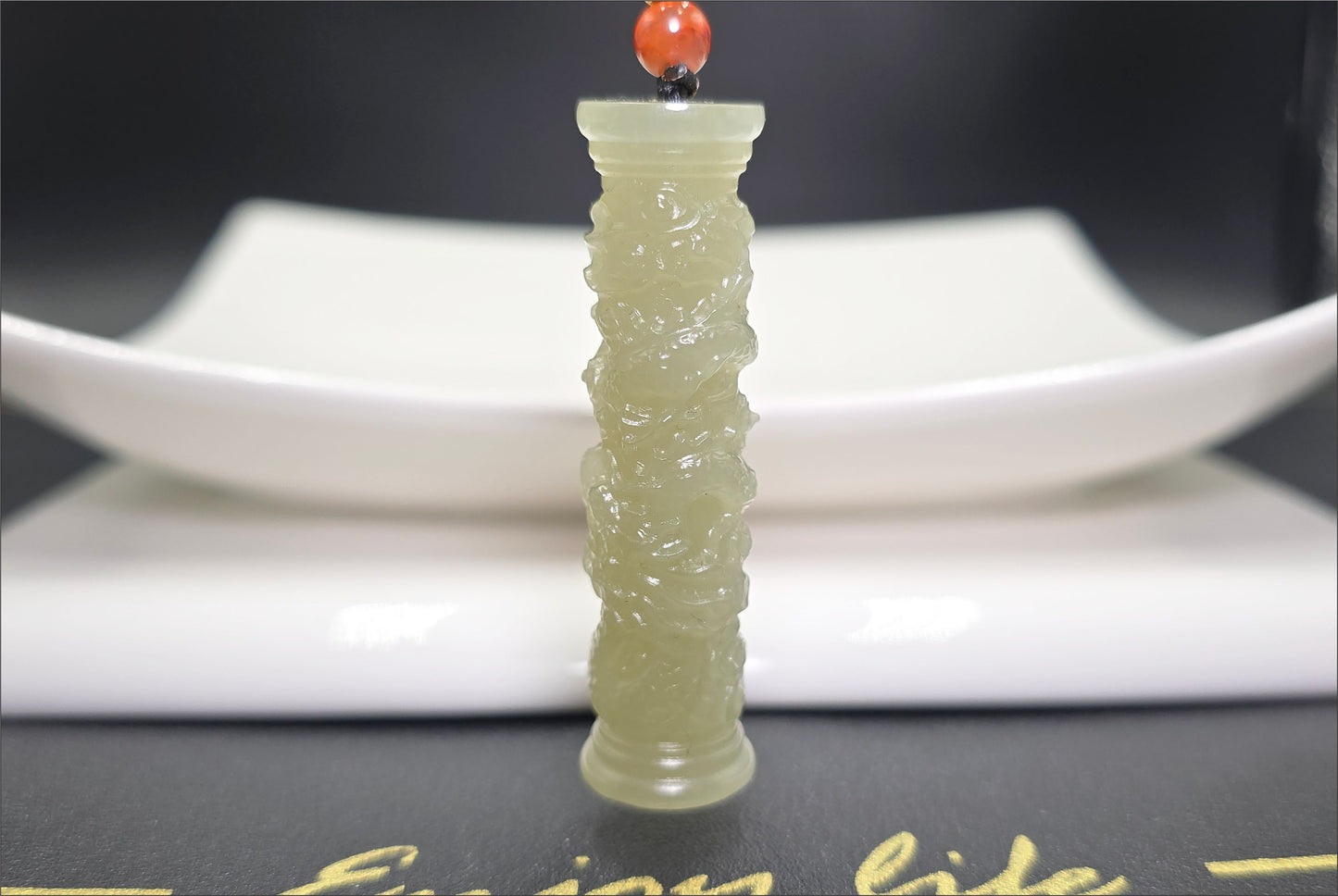 Certified Natural Icy Qing Shui Nephrite Jade Carved Dragon Pillar Pendant, 天然晴水和田玉雕刻龙盘柱吊坠