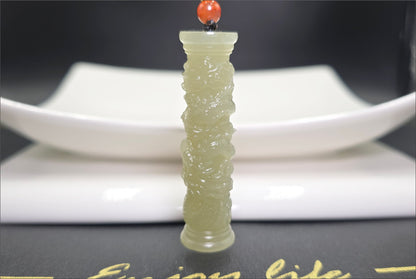 Certified Natural Icy Qing Shui Nephrite Jade Carved Dragon Pillar Pendant, 天然晴水和田玉雕刻龙盘柱吊坠