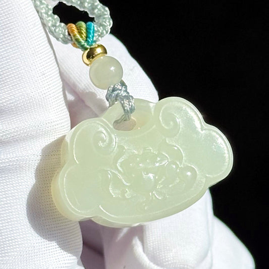 Certified Natural White Nephrite Jade Carved Lotus Peace Lock Pendant, White Jade Pendant, 天然和田白玉莲花锁吊坠