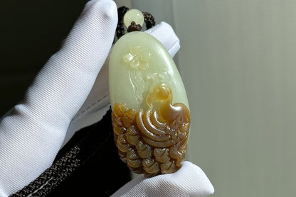 Certified Natural Qiemo Sugar-White Nephrite Jade Hand Carved Peacock Pendant, 天然且末糖白和田玉手工雕刻孔雀吊坠
