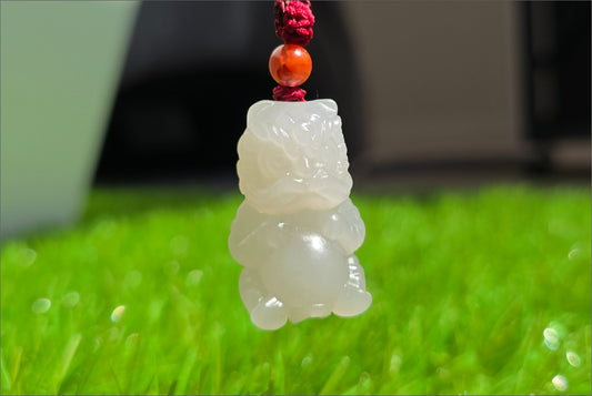 Certified Natural Smoky Gray Nephrite Jade Carved Lion Dance Pendant, 天然浅烟紫和田玉雕刻醒狮吊坠