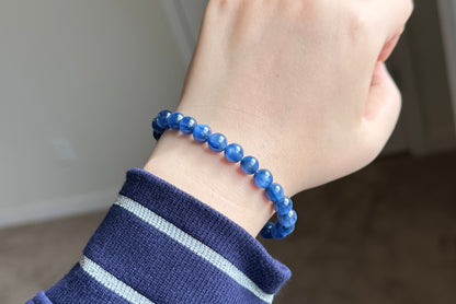 7.5mm+, Certified Undyed Top Grade Blue Kyanite Bracelet, Kyanite Bracelet, Full chatoyant Blue Kyanite, 天然无烤无染猫眼蓝晶石
