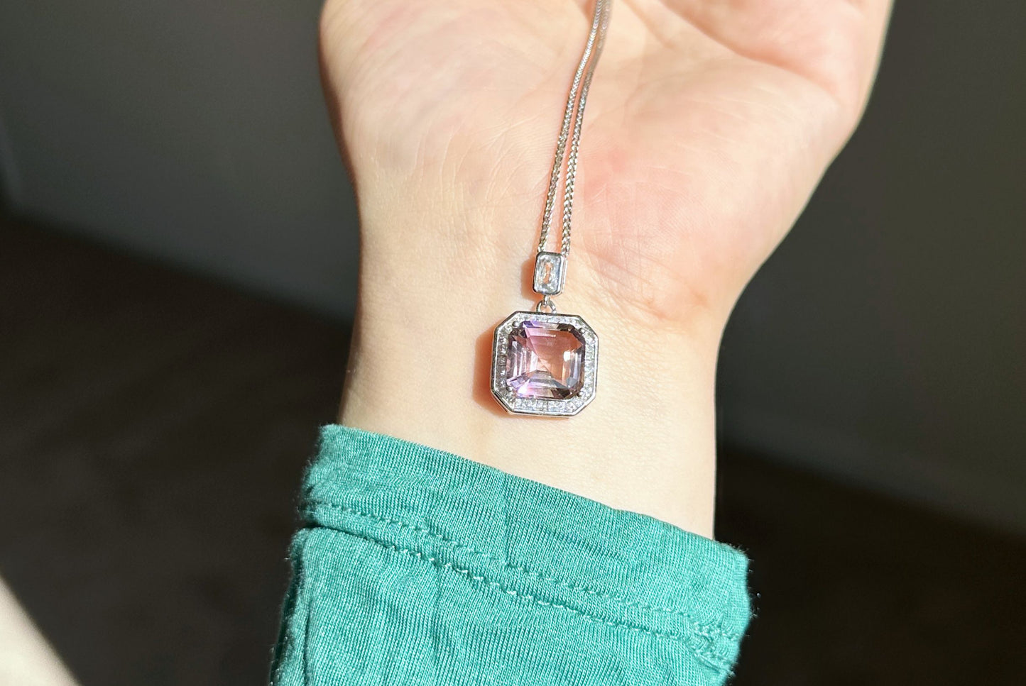 11x11-7carats, Certified Natural Ametrine Pendant, 925 Sterling Silver, Ametrine Asscher Cut Pendant, Untreated Ametrine Necklace, 天然紫黄晶吊坠