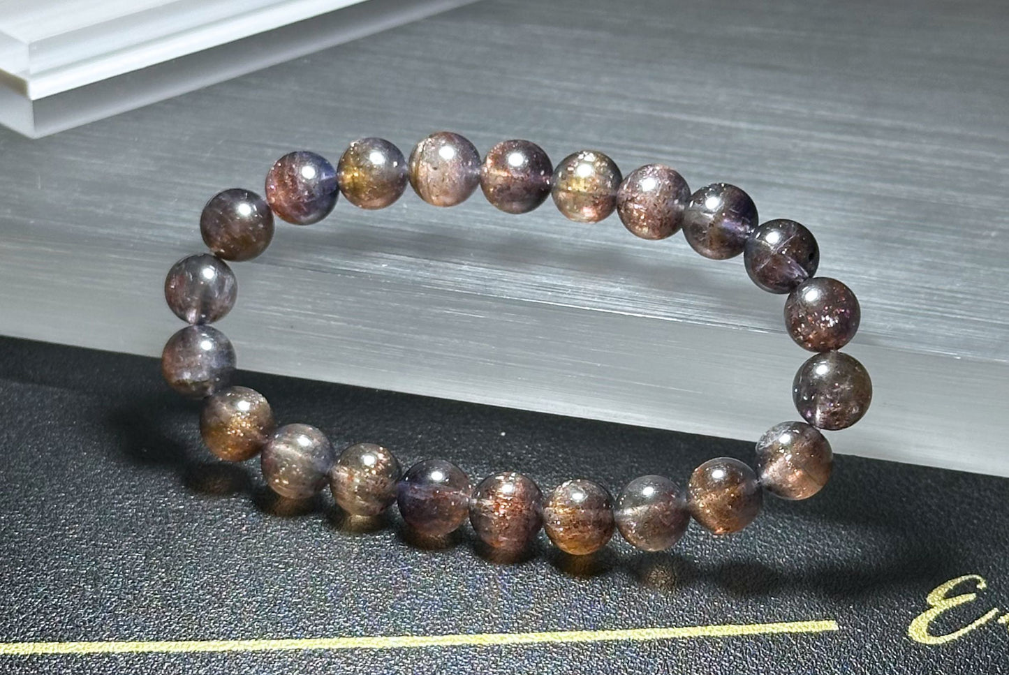 8.5mm+, Certified Natual Sunstone In Iolite Bracelet, "BLOODSHOT" IOLITE, Natural Cordierite Bracelet,  天然收藏级滴血堇青石金草莓堇青石手串