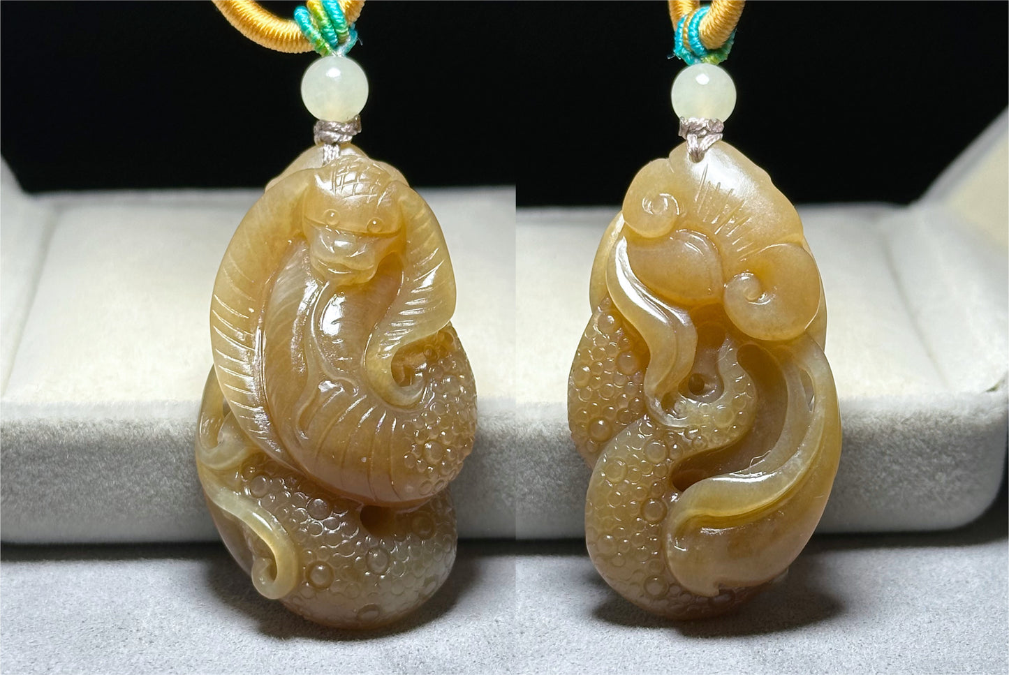 Certified Natural Yellow Sugar Nephrite Jade Hand-Carved Cobra Pendant – Jade Snake Pendant, 天然且末黄糖和田玉手工雕刻眼镜蛇吊坠吊坠