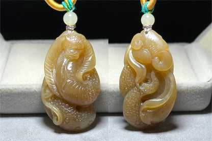 Certified Natural Yellow Sugar Nephrite Jade Hand-Carved Cobra Pendant – Jade Snake Pendant, 天然且末黄糖和田玉手工雕刻眼镜蛇吊坠吊坠