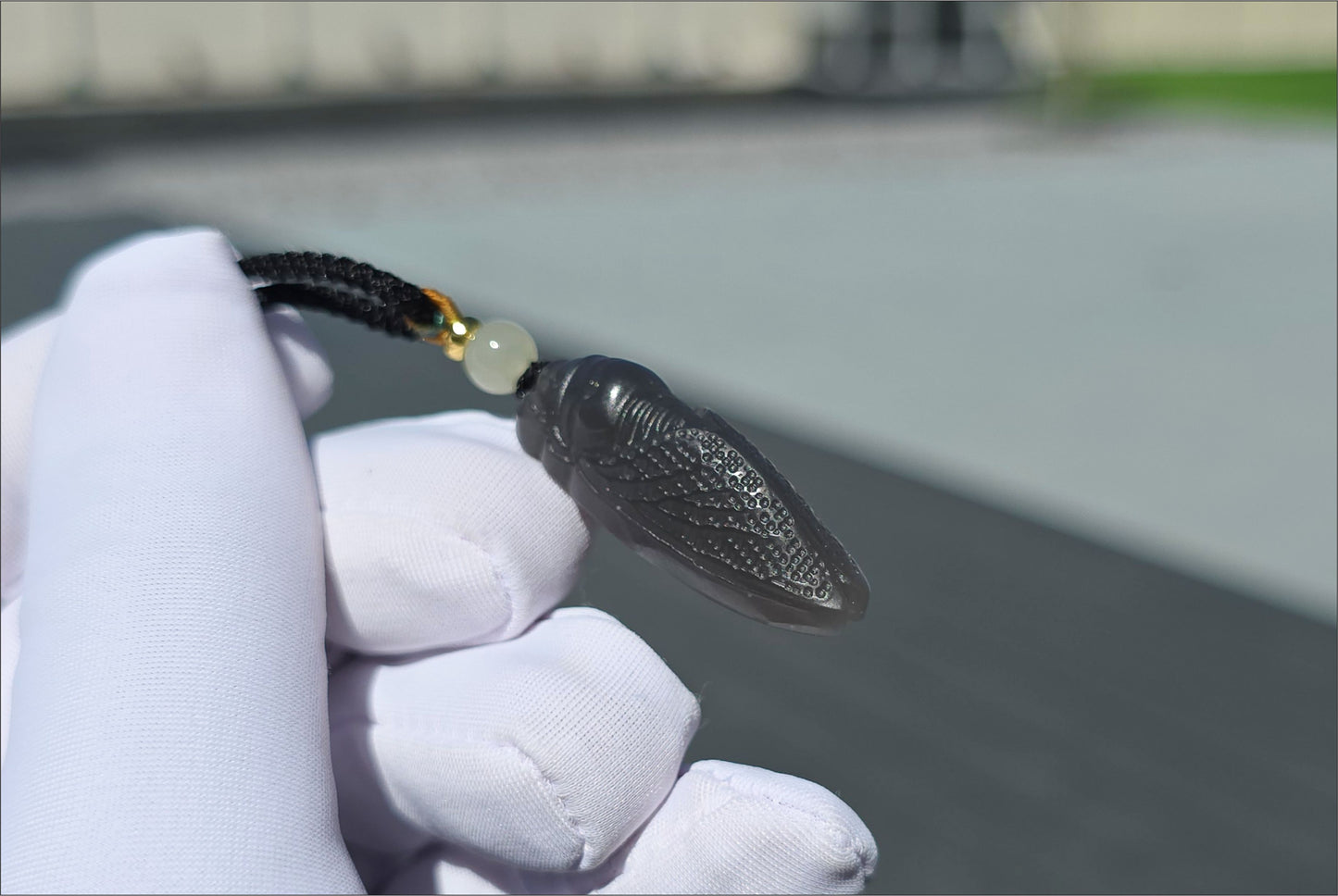 Certified Natural Emerald Green in Rich Smoky Purple Nephrite Jade Carved Cicada pendant, 天然浓烟紫带翠和田玉雕刻一鸣惊人(蝉)吊坠