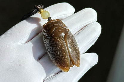 Certified Natural Full Brown Sugar Nephrite Jade Hand-Carved Cicada Pendant, 天然且末糖手工雕刻一鸣惊人(蝉)吊坠