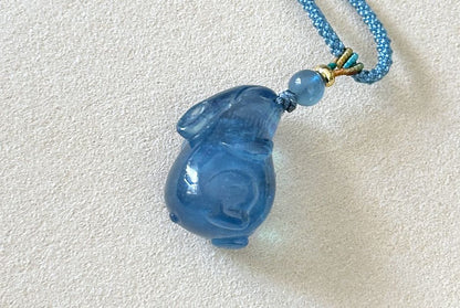 Certified Natural Blue Aquamarine Hand Carved Bunny Pendant, Aquamarine Rabbit Pendant, 天然魔鬼蓝海蓝宝兔宝宝吊坠