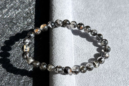 6.5mm+, Certified Rare Natural Top Grade Black Brookite Rutilated quartz Beads Bracelet, Silver Brookite in quartz bracelet, 收藏级黑银钛晶手串