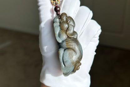 Certified Natural Loulan Nephrite Jade Hand-Carved Dog Handheld, 天然楼兰三色料手工雕刻狗手把件