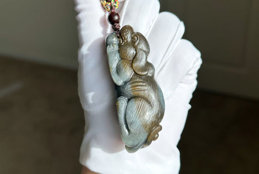 Certified Natural Loulan Nephrite Jade Hand-Carved Dog Handheld, 天然楼兰三色料手工雕刻狗手把件