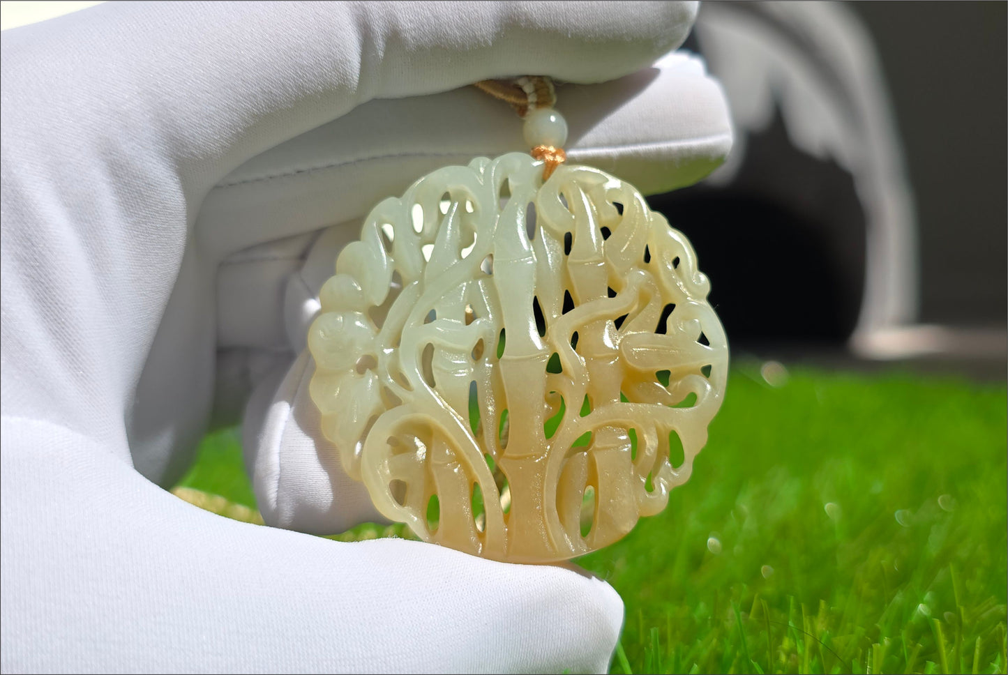 Certified Natural Qiemo Sugar-White Nephrite Jade Carved Bamboo Pendant, 天然且末糖白雕刻竹节圆牌吊坠