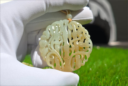 Certified Natural Qiemo Sugar-White Nephrite Jade Carved Bamboo Pendant, 天然且末糖白雕刻竹节圆牌吊坠