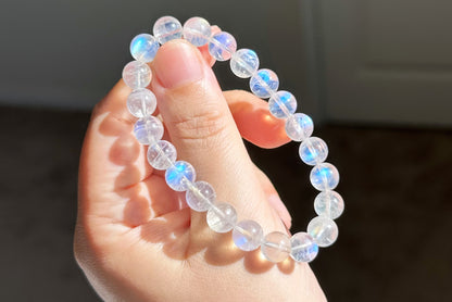 8.6mm, Certified Natural Rainbow Moonstone Bracelet, India Blue Moonstones Bracelet, Rainbow Moonstone Bracelet, 天然正经印度无酸洗蓝月光石手串