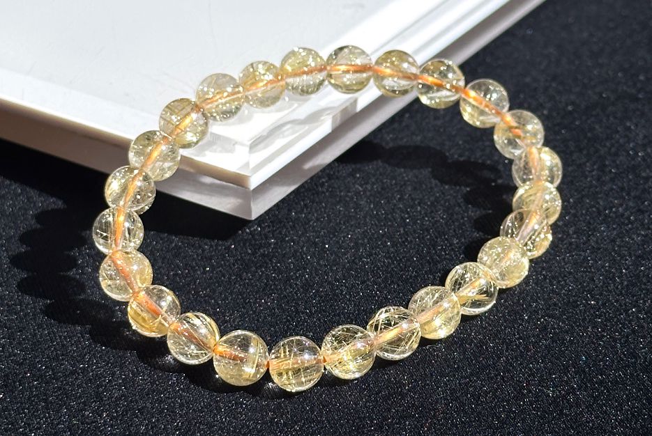 7.6mm+, Certified High Grade Natural gold rutilated quartz bracelet, Genuine Gold Rutilated Quartz, Rutilated Quartz bracelet, 天然白水体金发晶手串